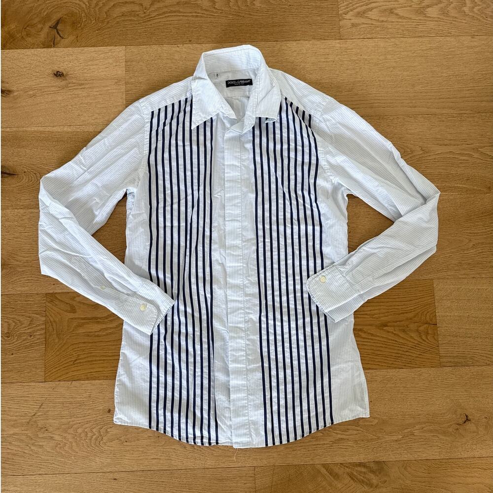 Dolce & Gabanna - Striped Button Down Dress Shirt in White & Blue - Picture 1 of 4